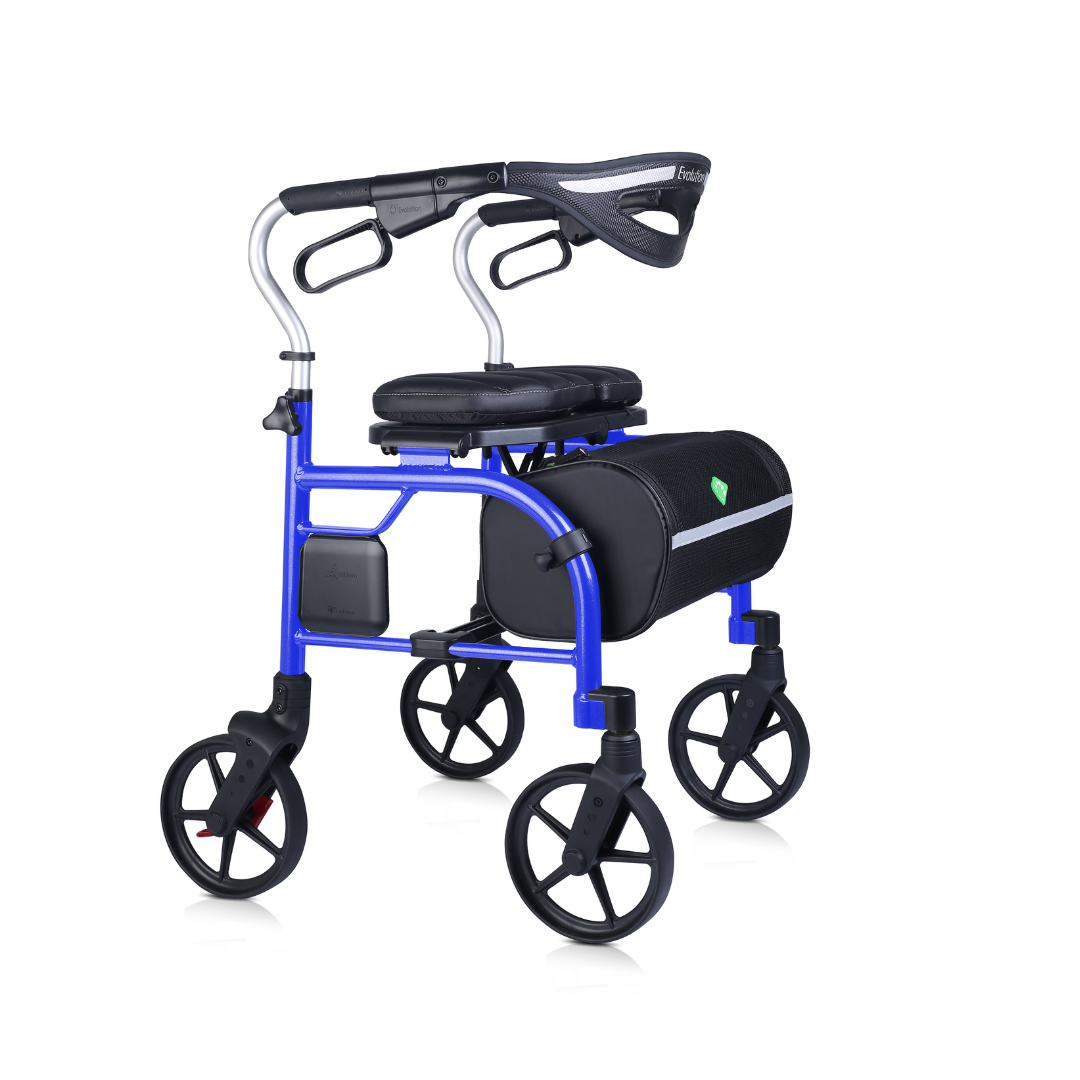 The Evolution Trillium Ultralight Folding Rollator is a premium blue walker with four black wheels, padded seat, curved handles with brakes, and a detachable black storage bag under the seat.